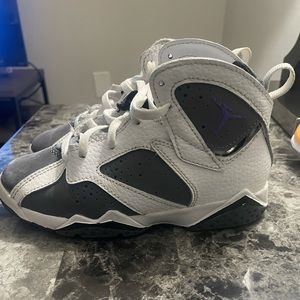 Grey white black and purple Jordan’s